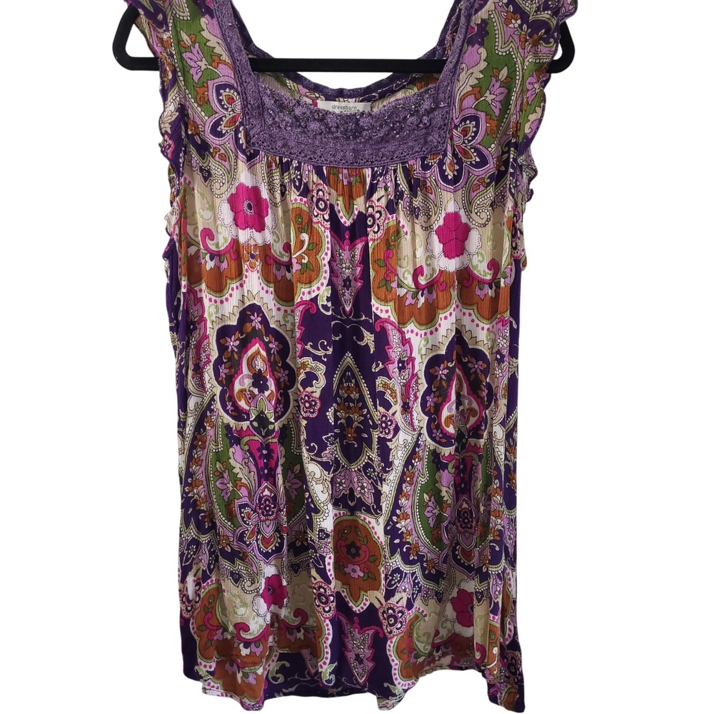 Dressbarn Paisley Boho Blouse Purple Crochet Lace Sequin Top 1X Fairy Grunge